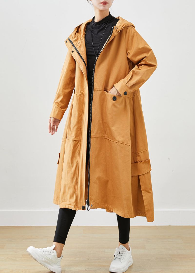 Kaki Losse Katoenen Trenchcoats Met Capuchon Zakken Herfst