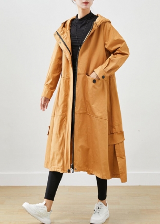 Kaki Losse Katoenen Trenchcoats Met Capuchon Zakken Herfst