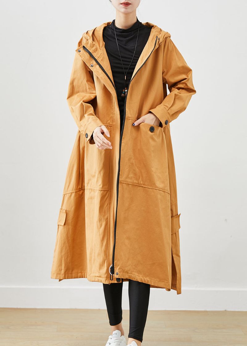 Kaki Losse Katoenen Trenchcoats Met Capuchon Zakken Herfst - Dames trenchcoats