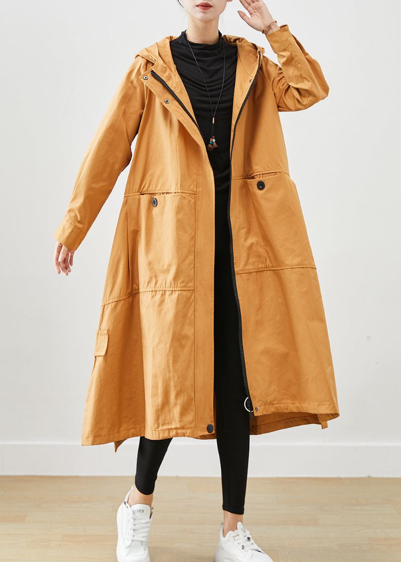 Kaki Losse Katoenen Trenchcoats Met Capuchon Zakken Herfst - Dames trenchcoats