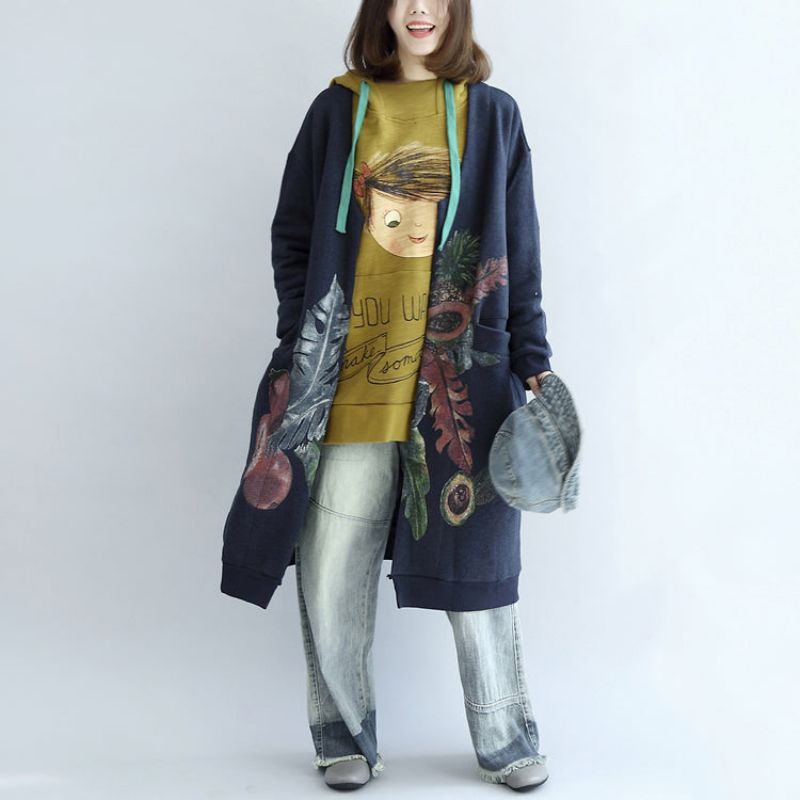 Katoenen Vesten Met Vintage Blauwe Prints Grote Maten Trenchcoats Met V-hals En Lange Mouwen - Dames trenchcoats