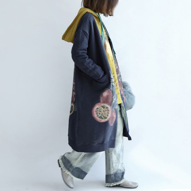 Katoenen Vesten Met Vintage Blauwe Prints Grote Maten Trenchcoats Met V-hals En Lange Mouwen - Dames trenchcoats