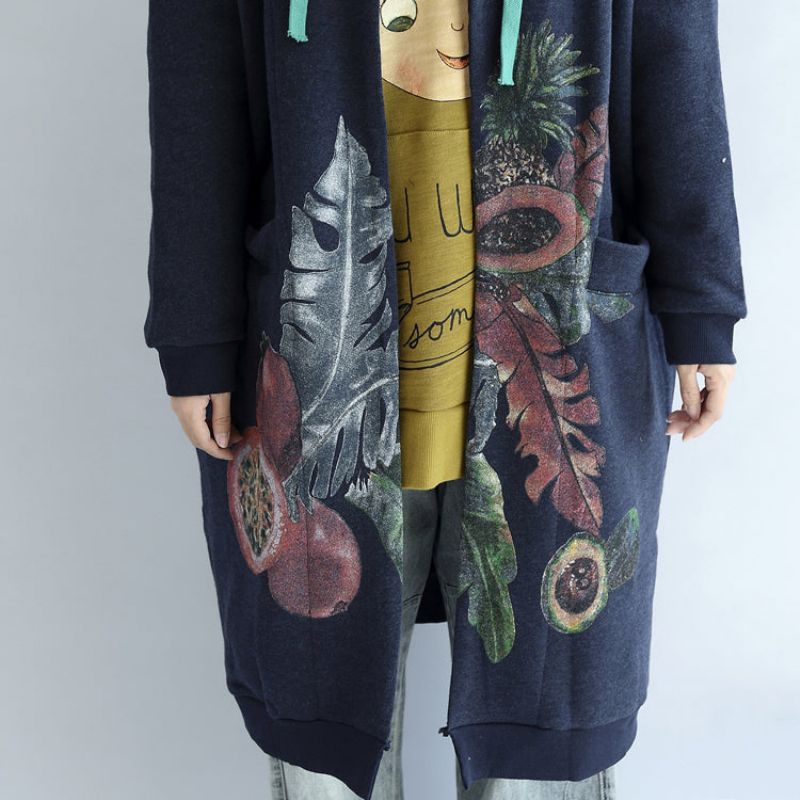 Katoenen Vesten Met Vintage Blauwe Prints Grote Maten Trenchcoats Met V-hals En Lange Mouwen - Dames trenchcoats