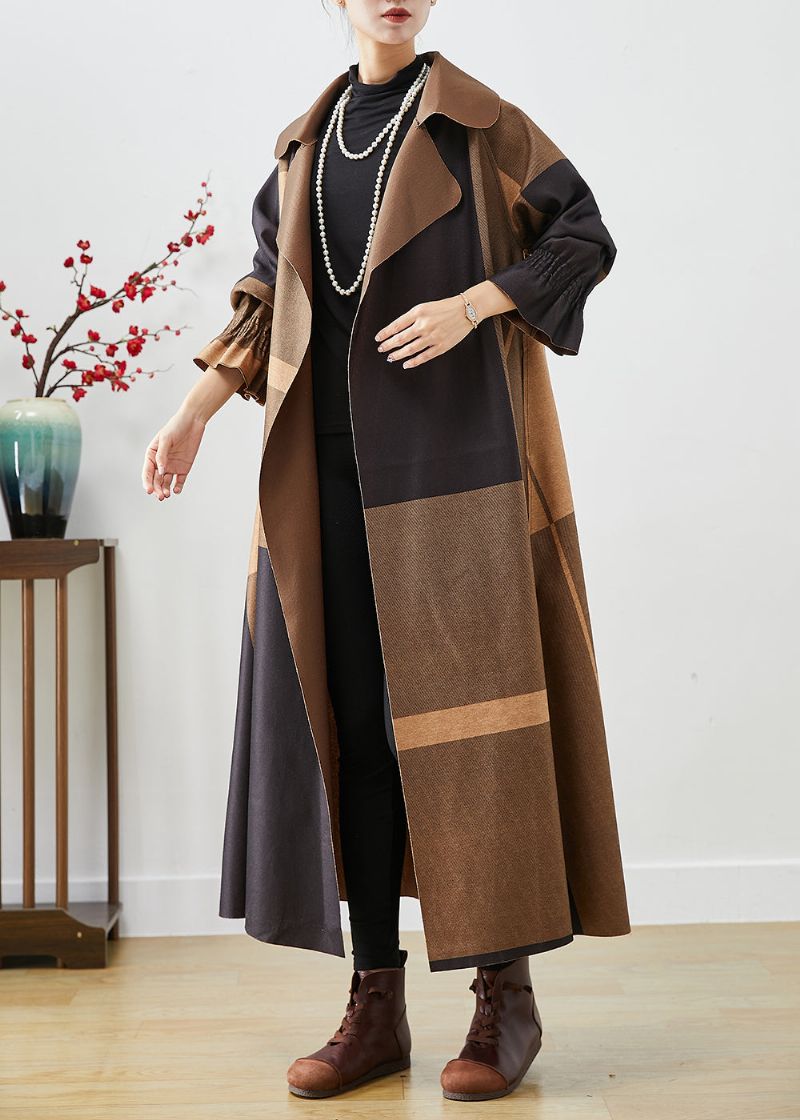 Koffie Patchwork Katoenen Jas Uitloper Oversized Herfst - Dames trenchcoats