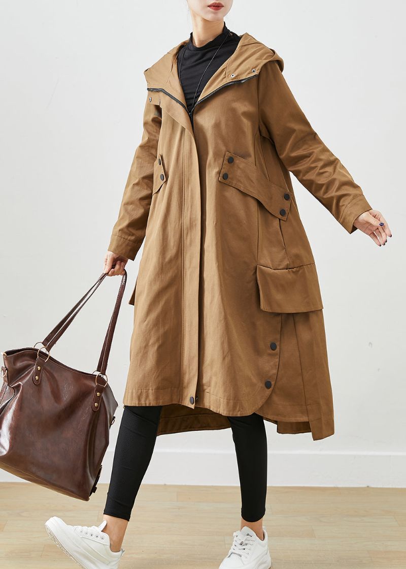 Koffie Patchwork Katoenen Trenchcoat Oversized Zakken Herfst - Dames trenchcoats