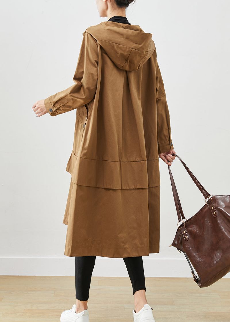 Koffie Patchwork Katoenen Trenchcoat Oversized Zakken Herfst - Dames trenchcoats