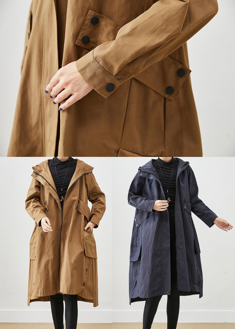 Koffie Patchwork Katoenen Trenchcoat Oversized Zakken Herfst - Dames trenchcoats