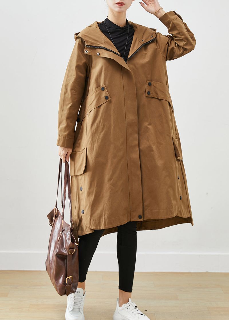 Koffie Patchwork Katoenen Trenchcoat Oversized Zakken Herfst - Dames trenchcoats