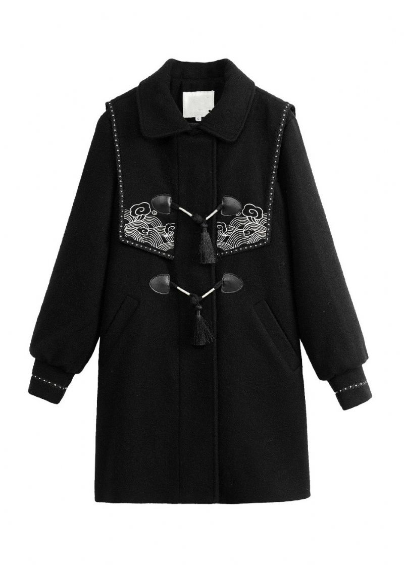 Korte Zwarte Matrozenkraag Print Kwastje Knop Dikke Wollen Trenchcoat Winter - Dames trenchcoats