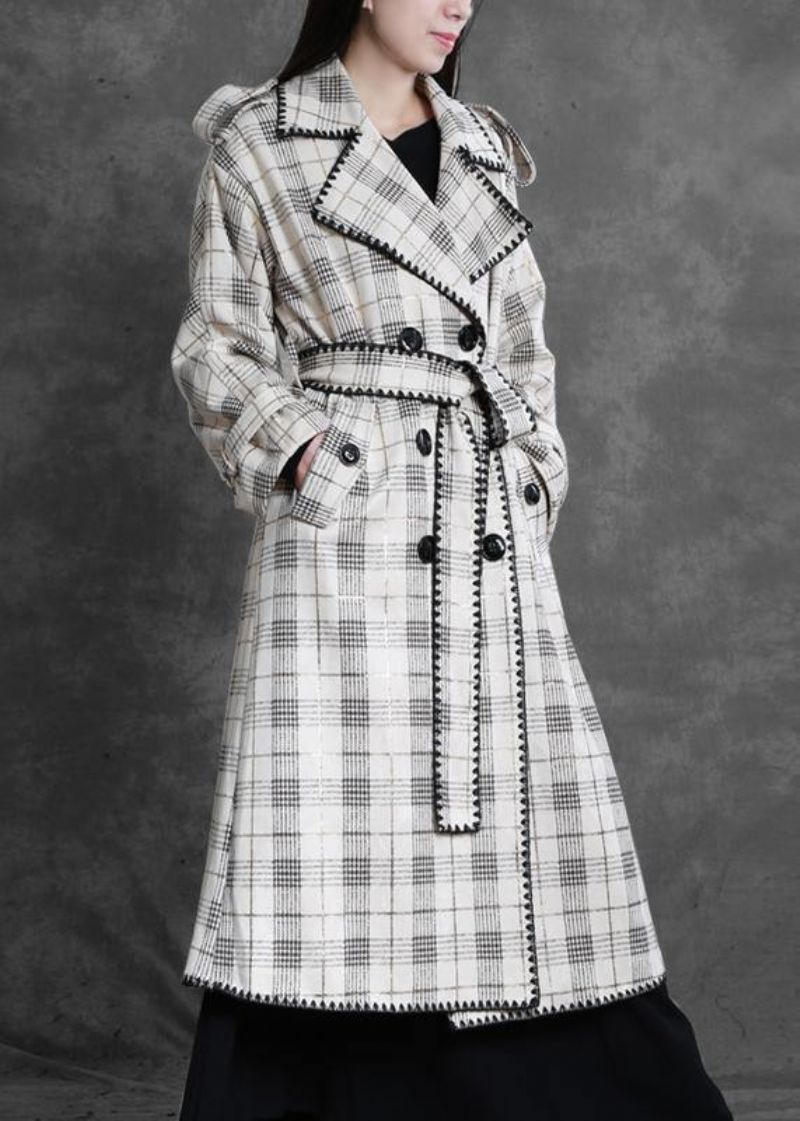 Kunst Witte Geruite Fijne Trenchcoat Gifts Gekerfde Achterkant Open Outwears - Dames trenchcoats