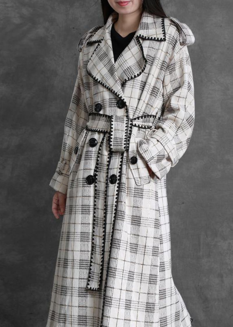 Kunst Witte Geruite Fijne Trenchcoat Gifts Gekerfde Achterkant Open Outwears - Dames trenchcoats