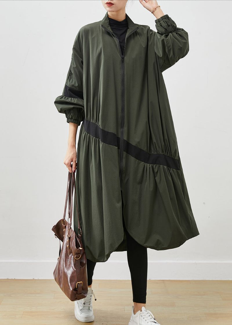 Legergroen Patchwork Trenchcoat Asymmetrisch Gerimpeld Voorjaar