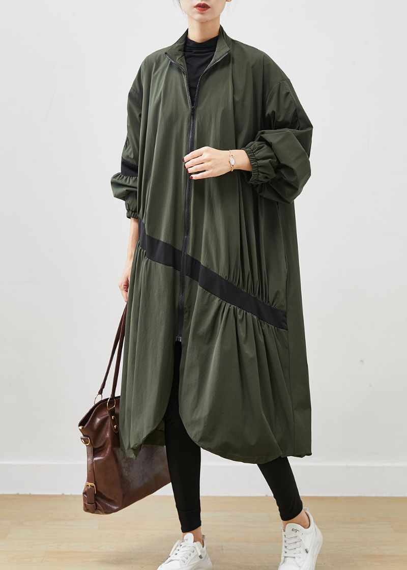 Legergroen Patchwork Trenchcoat Asymmetrisch Gerimpeld Voorjaar - Dames trenchcoats