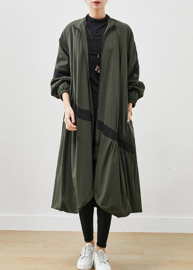 Legergroen Patchwork Trenchcoat Asymmetrisch Gerimpeld Voorjaar - Dames trenchcoats