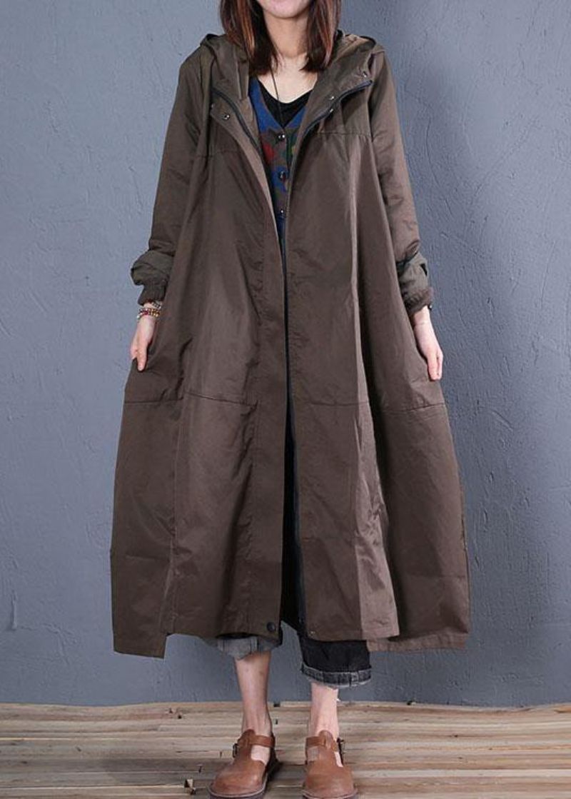 Legergroene Overjas Trendy Grote Maten Lange Jas Met Ritssluiting Herfst - Dames trenchcoats