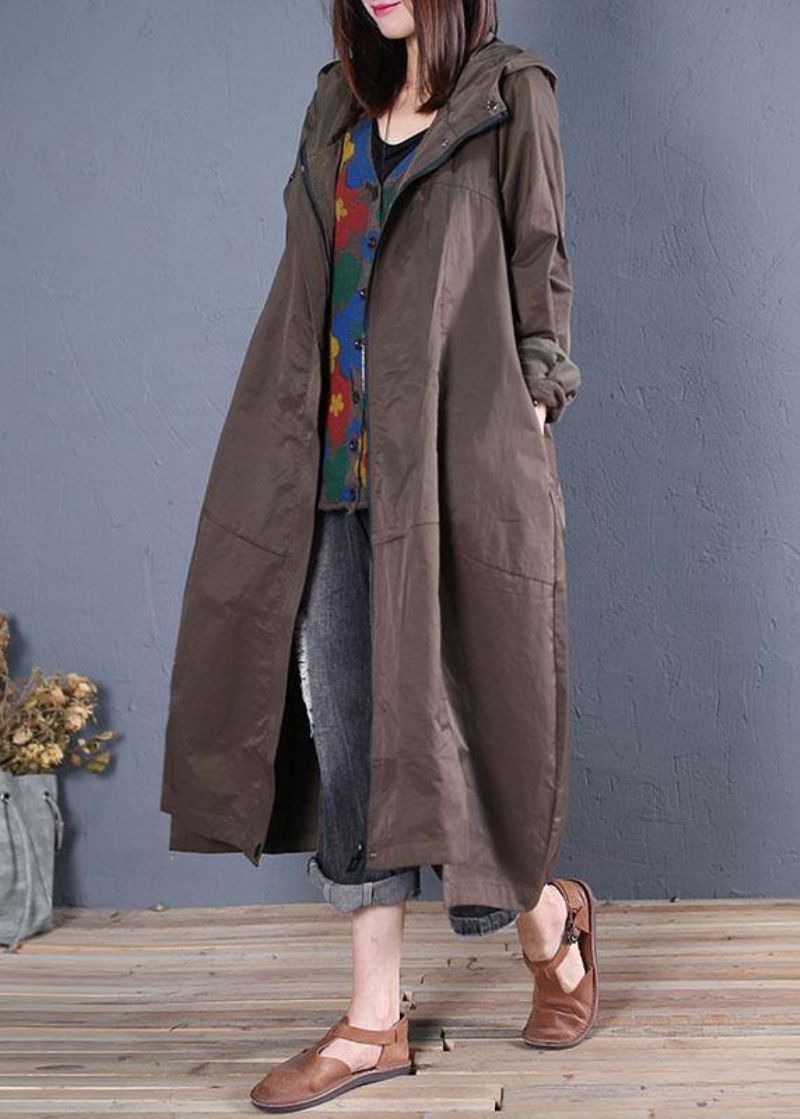 Legergroene Overjas Trendy Grote Maten Lange Jas Met Ritssluiting Herfst - Dames trenchcoats