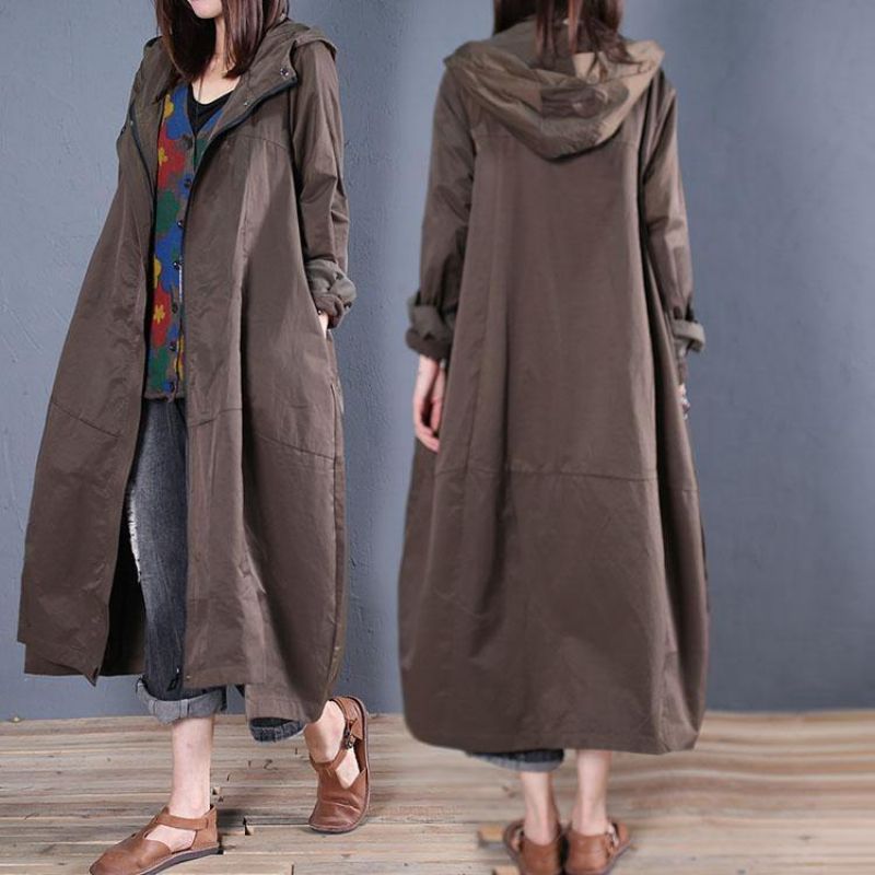 Legergroene Overjas Trendy Grote Maten Lange Jas Met Ritssluiting Herfst - Dames trenchcoats