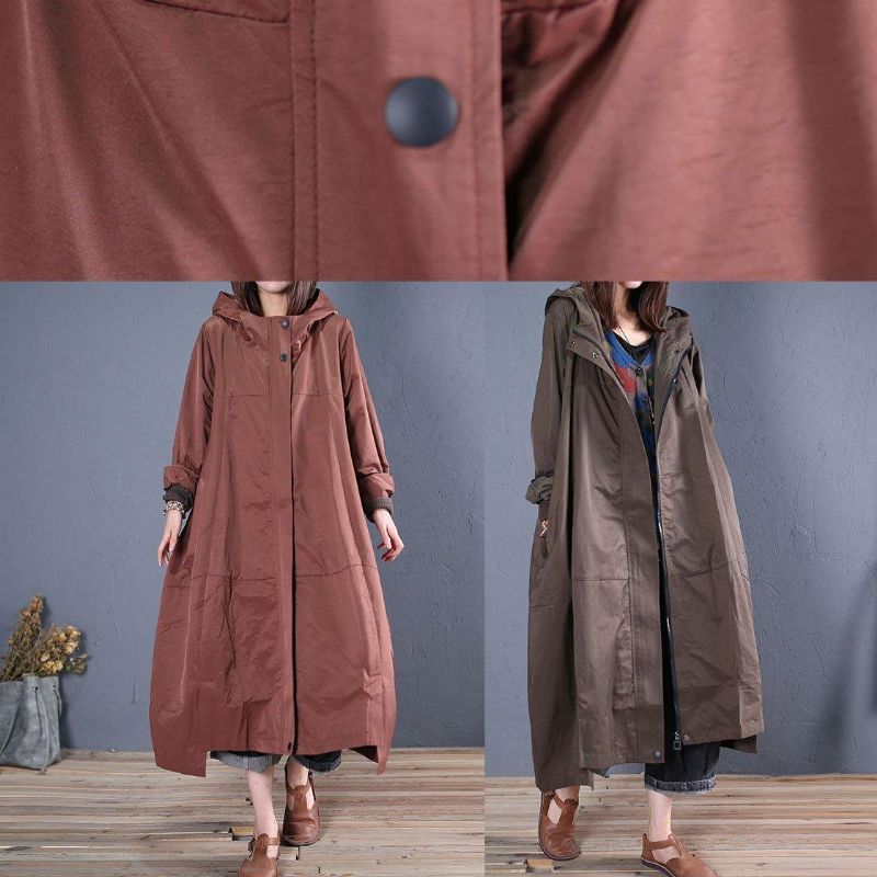 Legergroene Overjas Trendy Grote Maten Lange Jas Met Ritssluiting Herfst - Dames trenchcoats