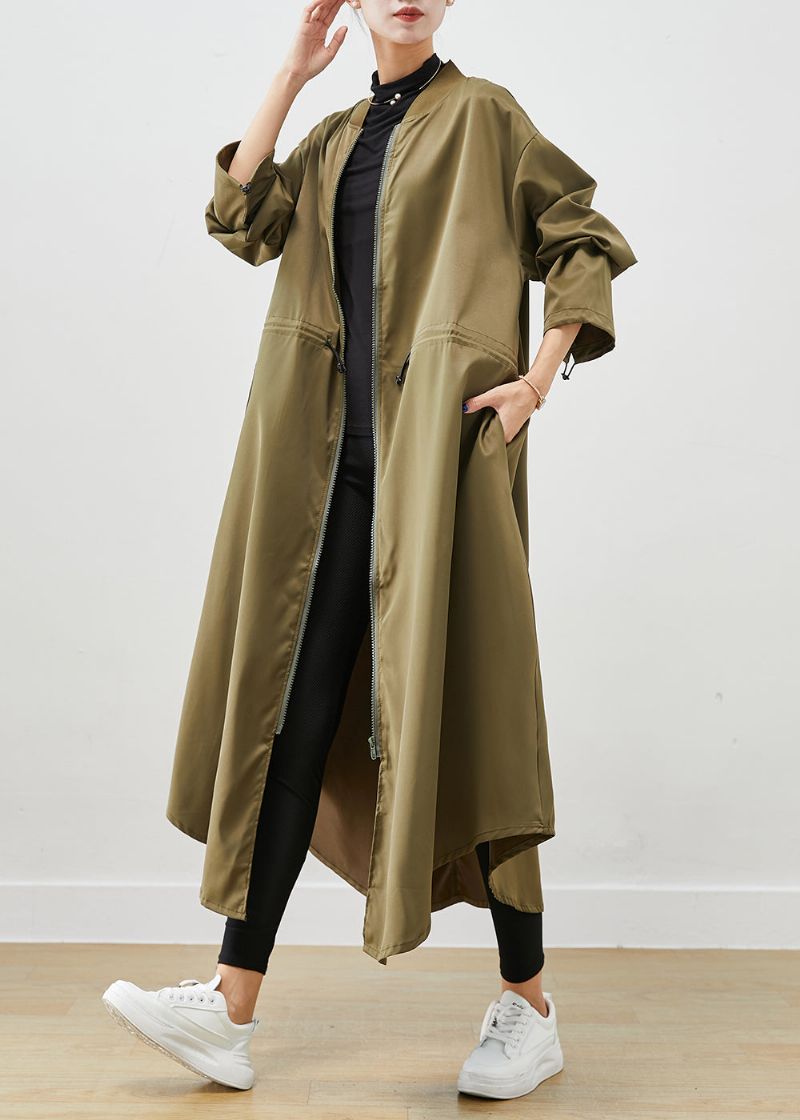 Legergroene Spandex Trenchcoats Met Ritssluiting En Trekkoord Herfst