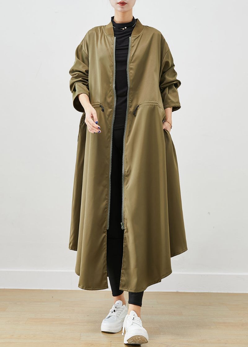 Legergroene Spandex Trenchcoats Met Ritssluiting En Trekkoord Herfst - Dames trenchcoats