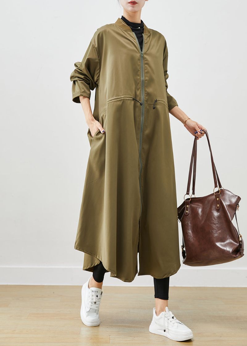 Legergroene Spandex Trenchcoats Met Ritssluiting En Trekkoord Herfst - Dames trenchcoats