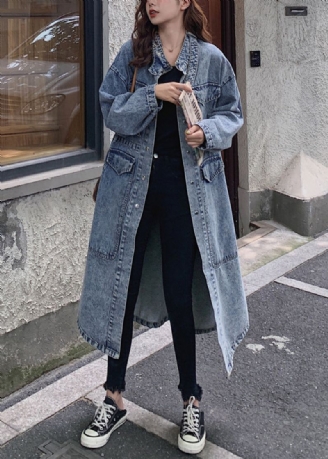 Losse Blauwe Knoopzakken Patchwork Denim Lange Trenchcoats Herfst