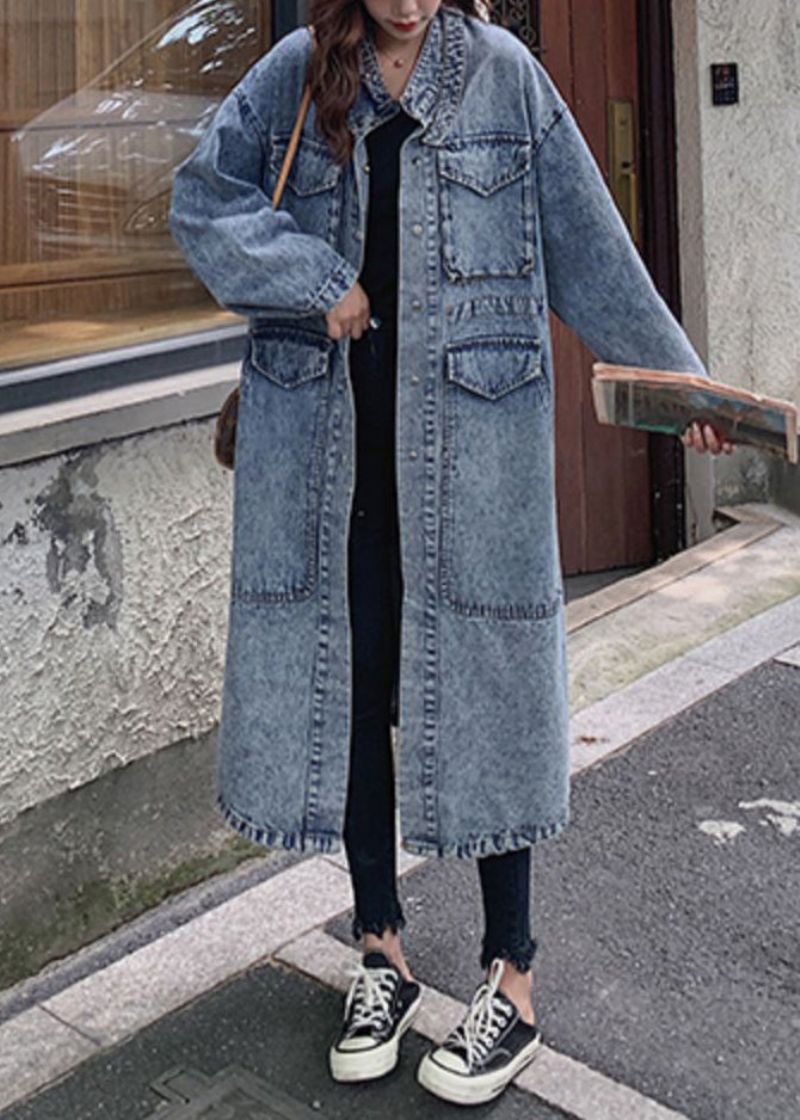 Losse Blauwe Knoopzakken Patchwork Denim Lange Trenchcoats Herfst - Dames trenchcoats