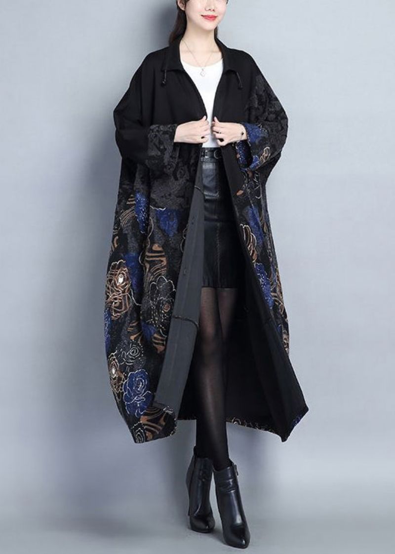 Losse Blauwe Opstaande Kraag Zakken Patchwork Katoen Lange Trenchcoat Herfst - Dames trenchcoats