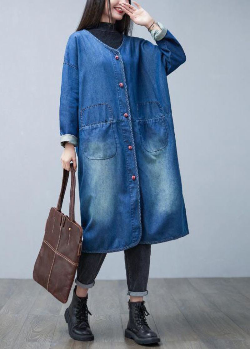 Losse Denim Blauwe V-hals Patchwork Zakken Katoenen Trenchcoats Lente