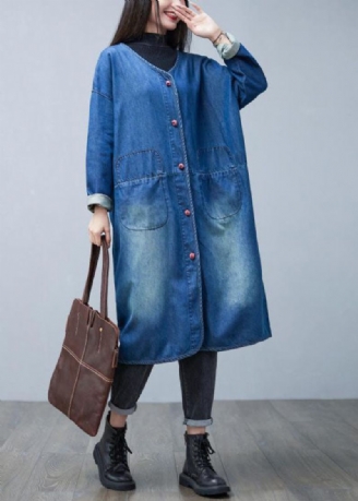 Losse Denim Blauwe V-hals Patchwork Zakken Katoenen Trenchcoats Lente