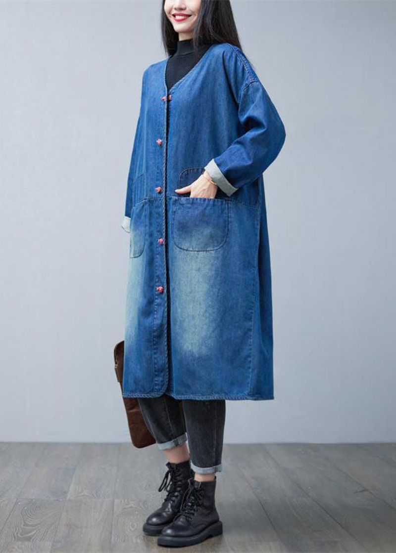 Losse Denim Blauwe V-hals Patchwork Zakken Katoenen Trenchcoats Lente - Dames trenchcoats