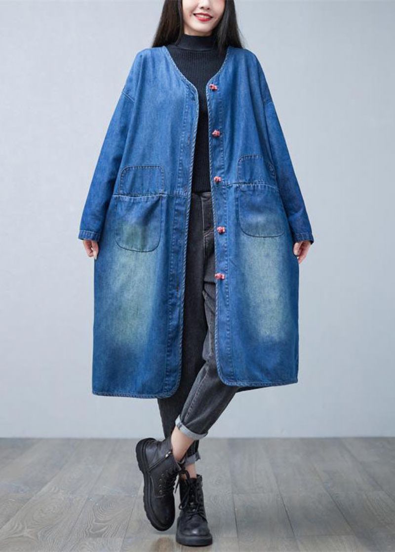 Losse Denim Blauwe V-hals Patchwork Zakken Katoenen Trenchcoats Lente - Dames trenchcoats