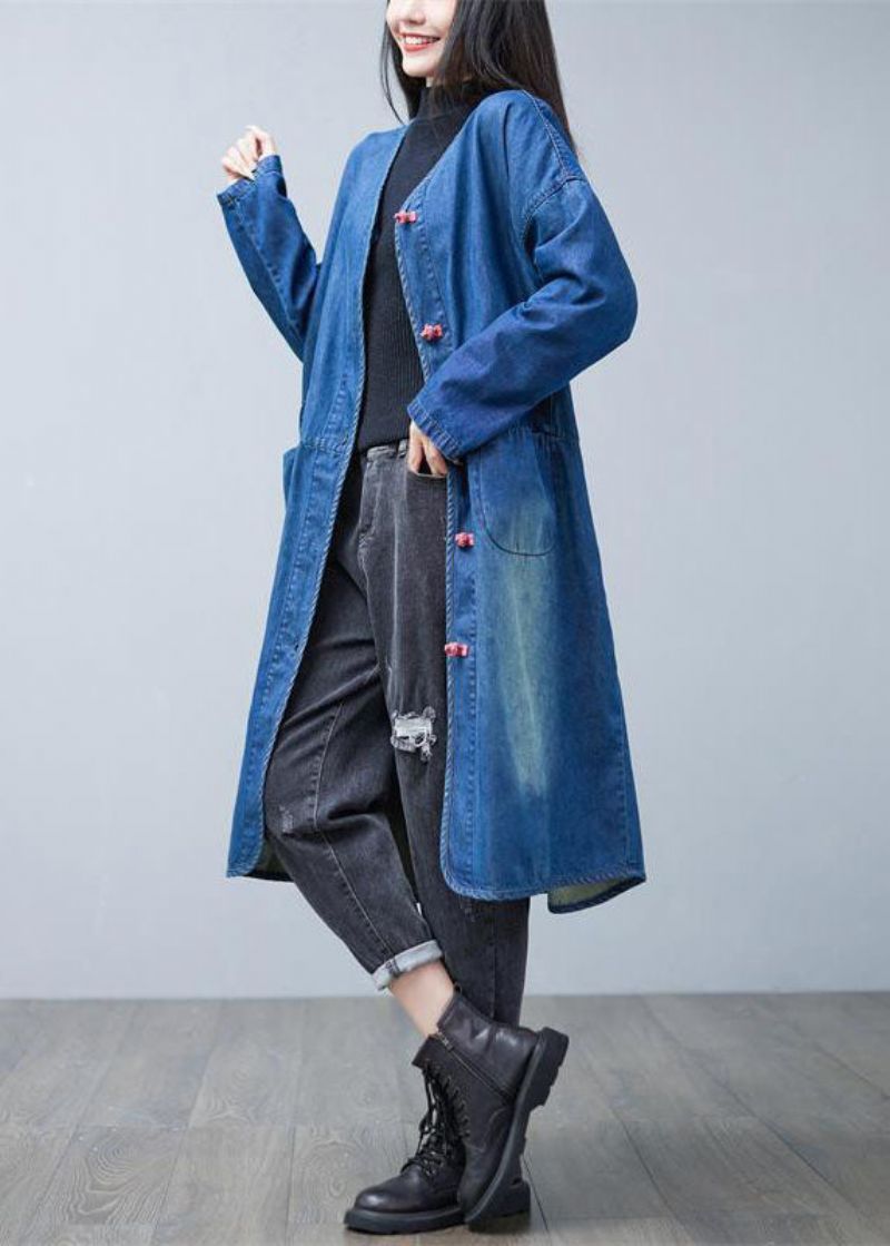 Losse Denim Blauwe V-hals Patchwork Zakken Katoenen Trenchcoats Lente - Dames trenchcoats