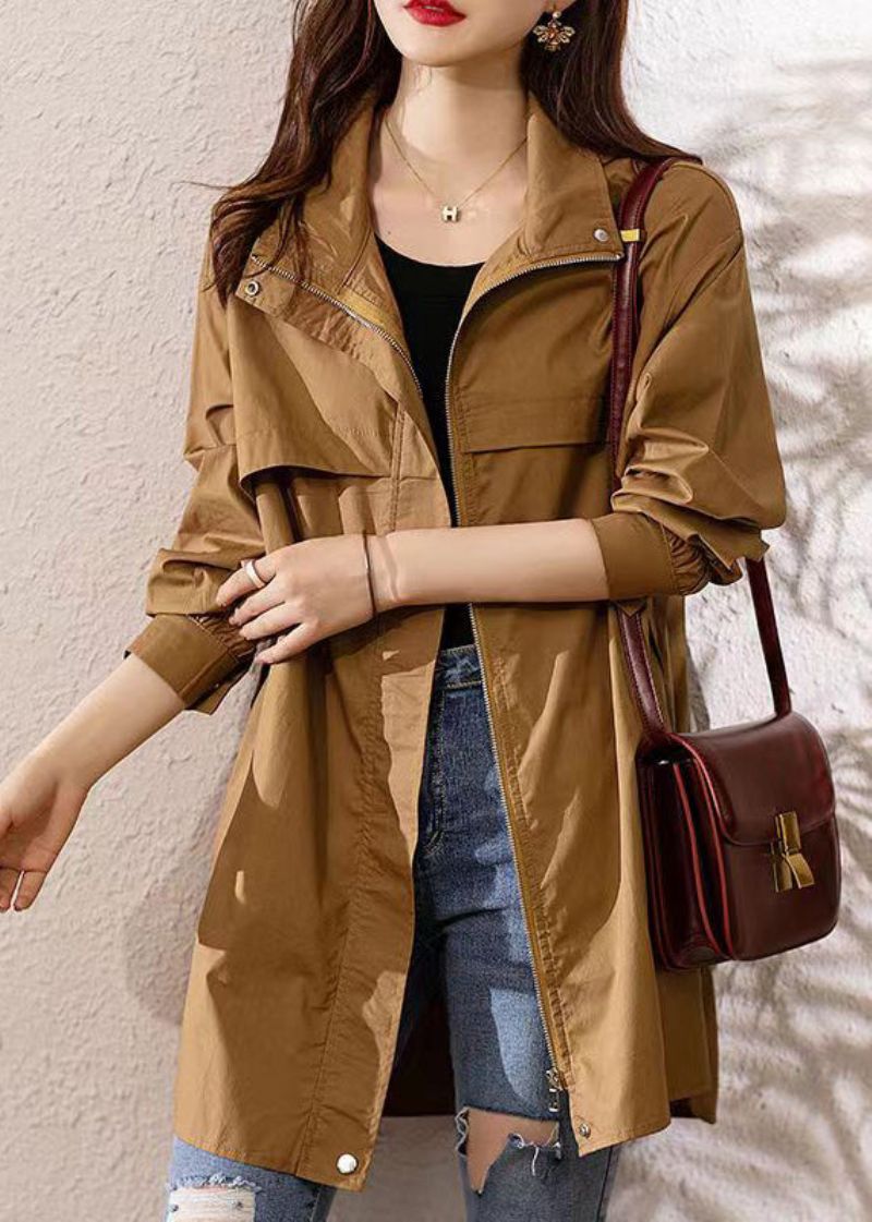 Losse Donkerkaki Katoenen Trenchcoat Met Capuchon En Patchwork Herfst - Dames trenchcoats