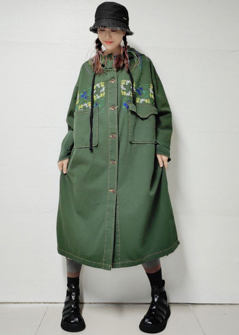 Losse Legergroene Capuchonzakken Denim Lange Trenchcoat Herfst - Dames trenchcoats