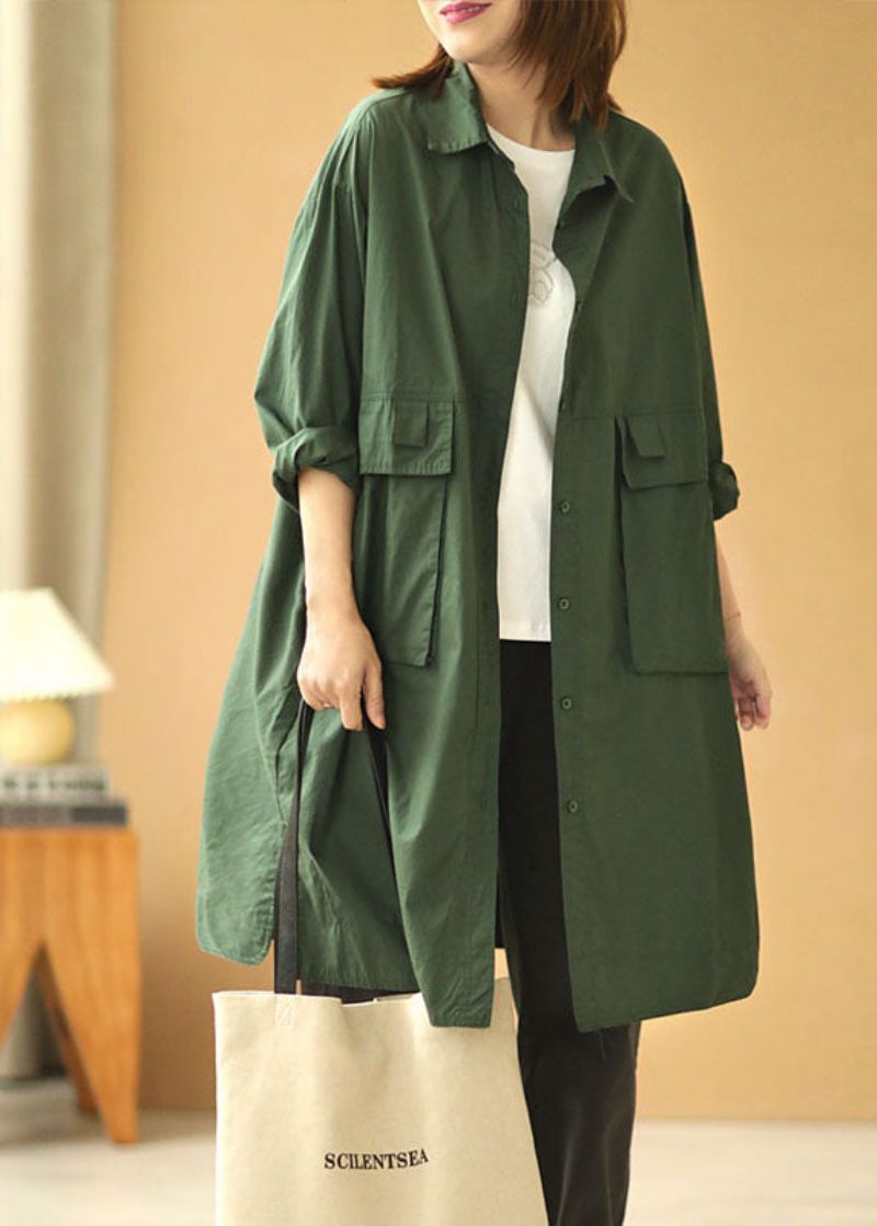 Losse Theegroene Peter Pan-kraag Knoopzakken Herfsttrenchcoat Met Lange Mouwen