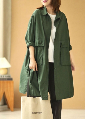 Losse Theegroene Peter Pan-kraag Knoopzakken Herfsttrenchcoat Met Lange Mouwen