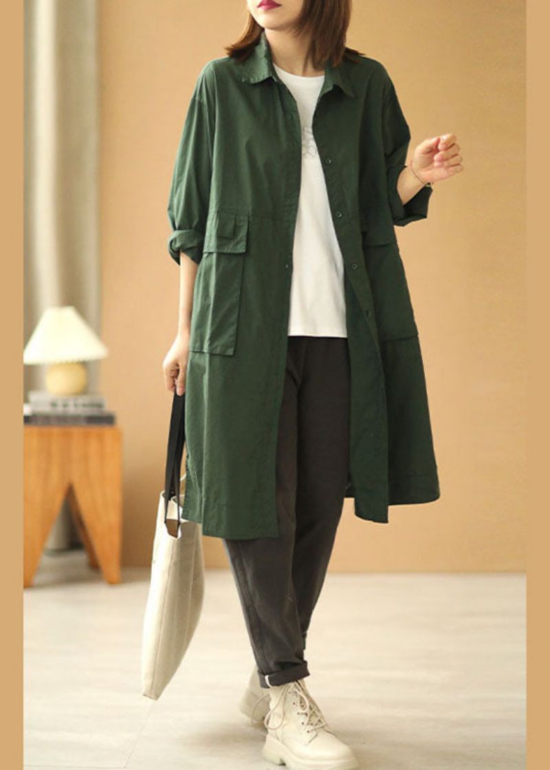 Losse Theegroene Peter Pan-kraag Knoopzakken Herfsttrenchcoat Met Lange Mouwen - Dames trenchcoats