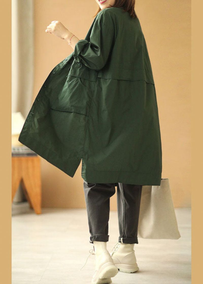 Losse Theegroene Peter Pan-kraag Knoopzakken Herfsttrenchcoat Met Lange Mouwen - Dames trenchcoats