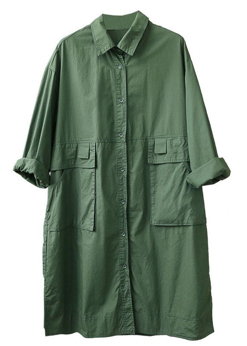 Losse Theegroene Peter Pan-kraag Knoopzakken Herfsttrenchcoat Met Lange Mouwen - Dames trenchcoats