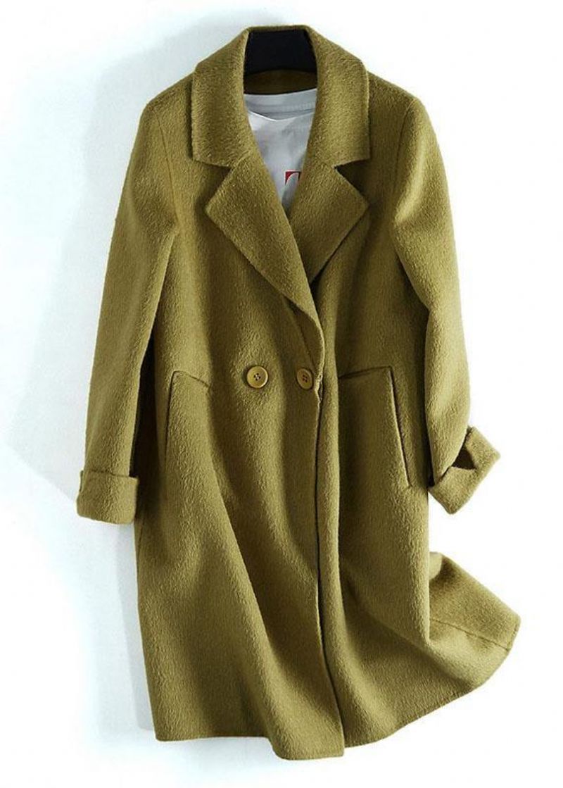 Luxe Beige Wollen Buitenkleding Ruimvallende Halflange Jassen Jas Met Inkeping En Lange Mouwen - Dames trenchcoats