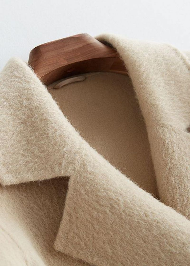 Luxe Beige Wollen Buitenkleding Ruimvallende Halflange Jassen Jas Met Inkeping En Lange Mouwen - Dames trenchcoats