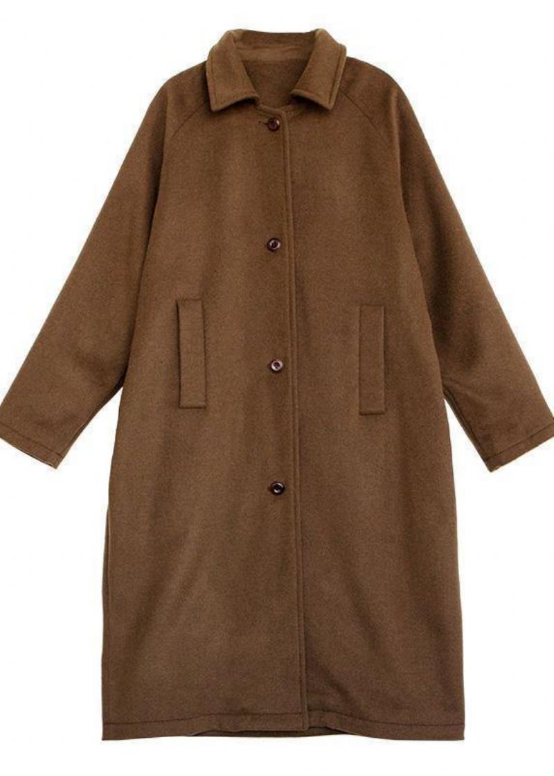 Luxe Bruine Wollen Jas Voor Dames Oversized Zakken Met Inkepingen - Dames trenchcoats