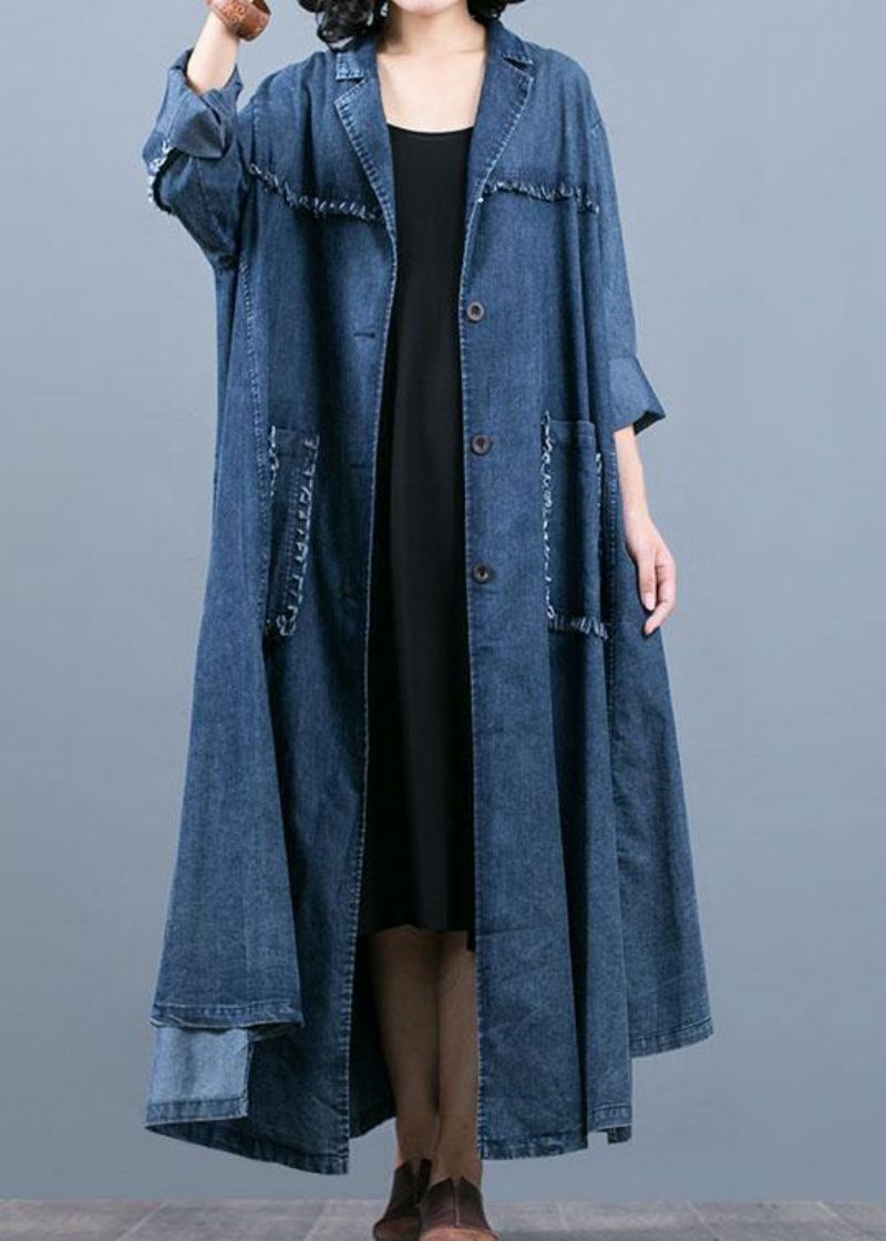 Luxe Denimblauwe Jas Oversized Herfstjas Gekerfde Jassen Met Grote Zakken