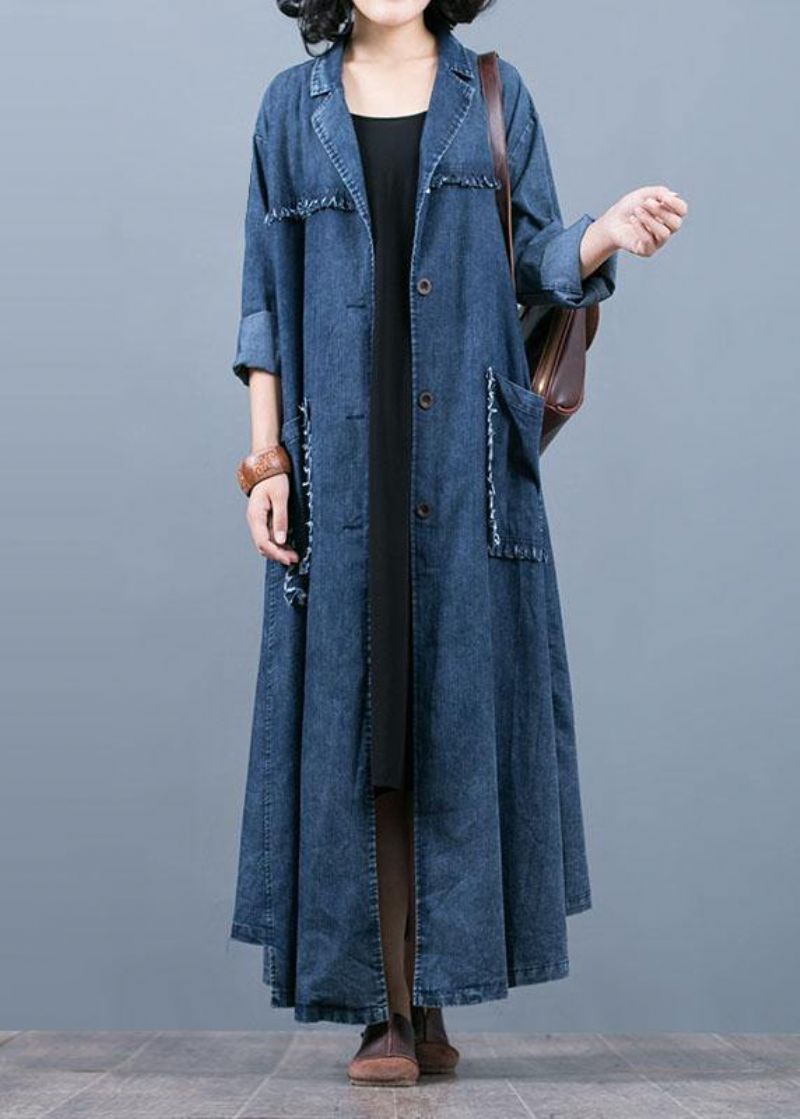 Luxe Denimblauwe Jas Oversized Herfstjas Gekerfde Jassen Met Grote Zakken - Denimblauw