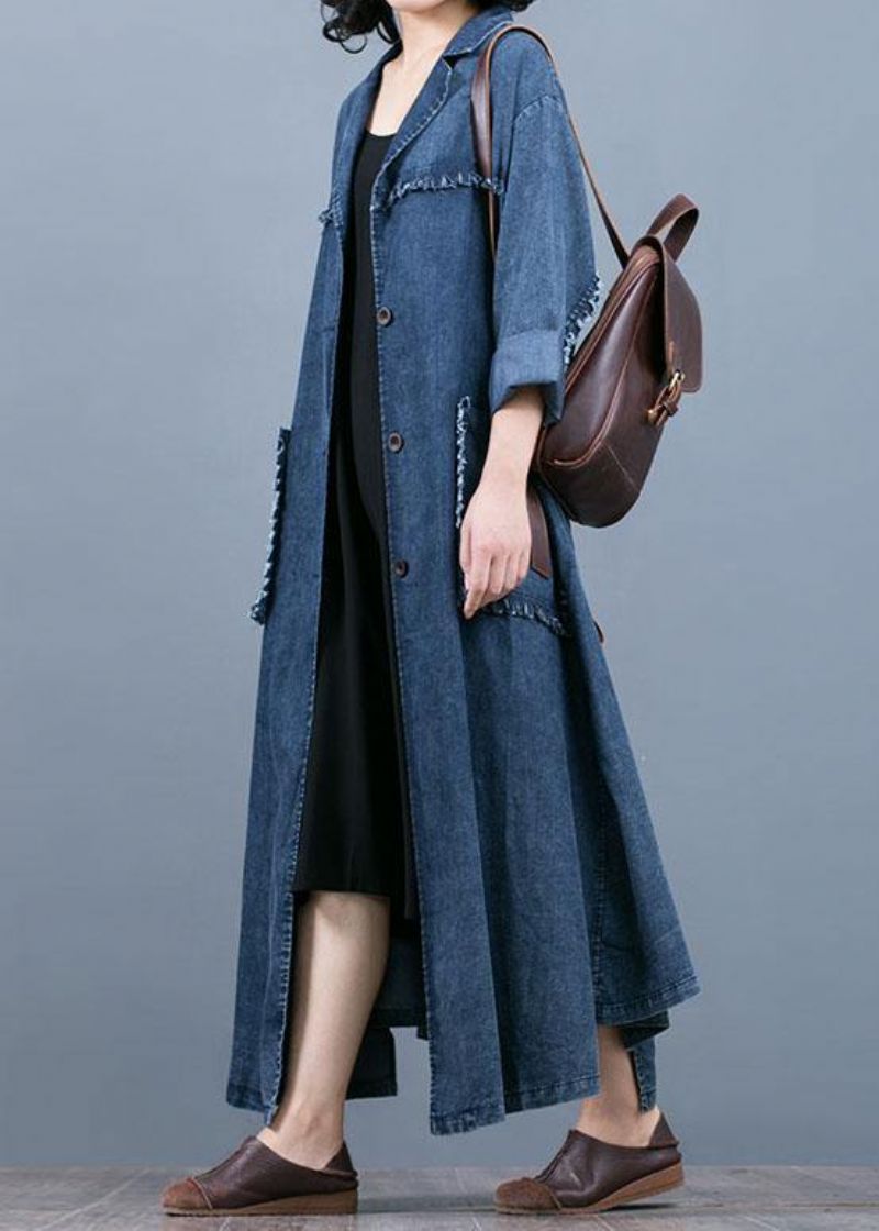 Luxe Denimblauwe Jas Oversized Herfstjas Gekerfde Jassen Met Grote Zakken - Denimblauw