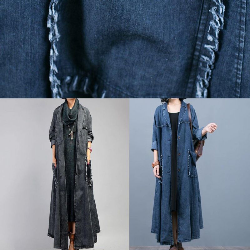 Luxe Denimblauwe Jas Oversized Herfstjas Gekerfde Jassen Met Grote Zakken - Denimblauw