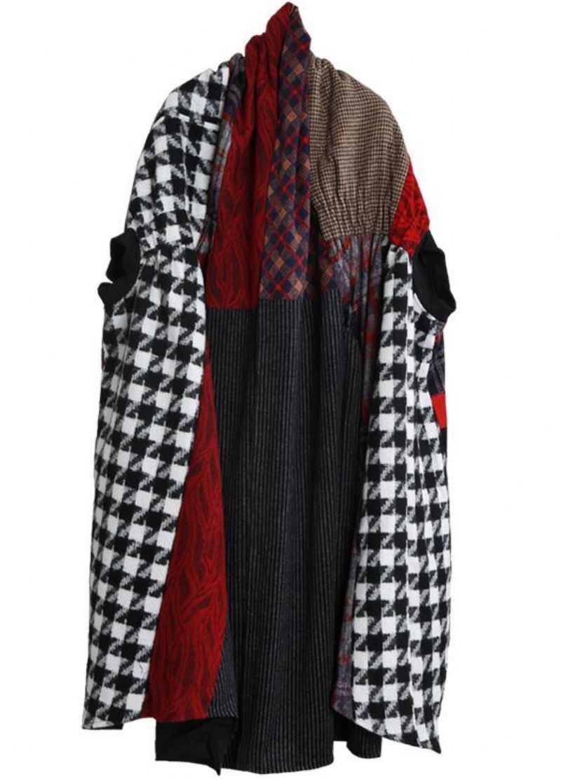 Luxe Gebloemde Wollen Jas Dames Loszittende Maxi-jas Met Patchwork En Strikceintuur Met V-hals - Dames trenchcoats