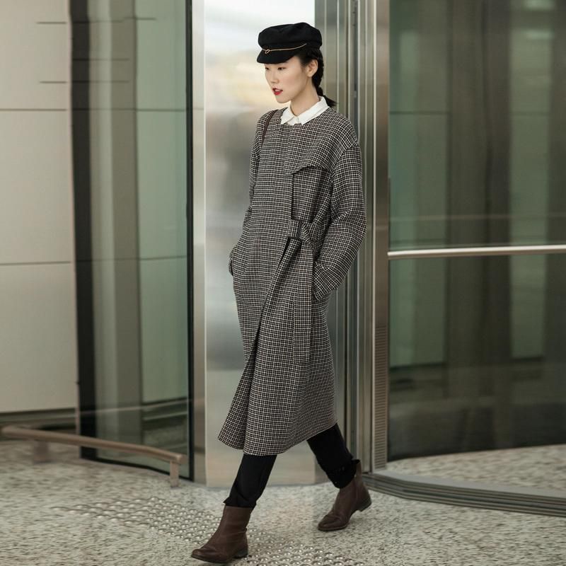 Luxe Geruite Wollen Jassen Oversized O-hals Lange Jas Met Strikband In De Taille - Dames trenchcoats