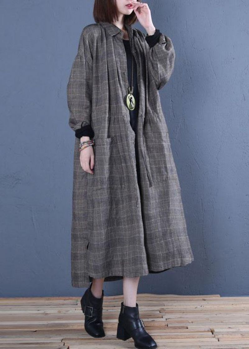 Luxe Oversized Lange Winterjas Herfstgrijs Geruite Jas Met Trekkoord - Dames trenchcoats